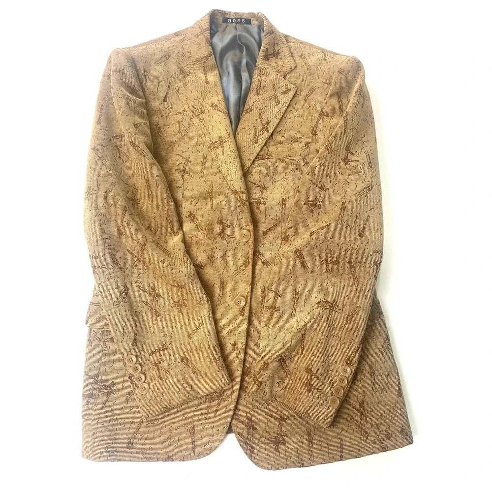 HUGO BOSS Mens Single Breasted Blazer Textured Tan Pattern Brown Jacket‎ 40R